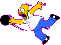 Running, bowling crazy chicken in white shirt, blue pants and bowling shoes